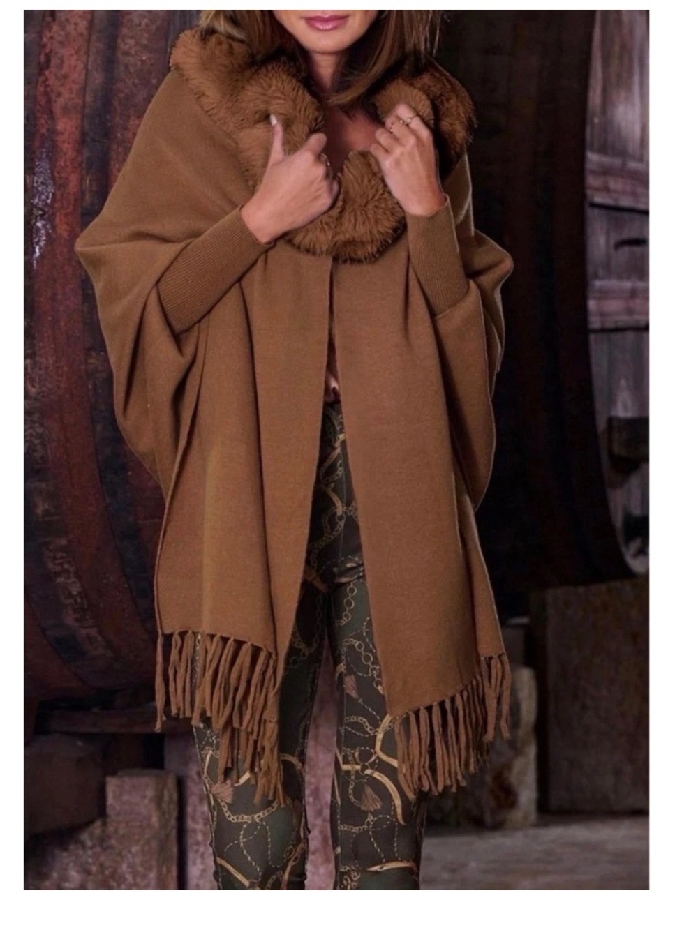 Boston Proper Faux Fur Collar Cape Poncho Cognac Brown M/L